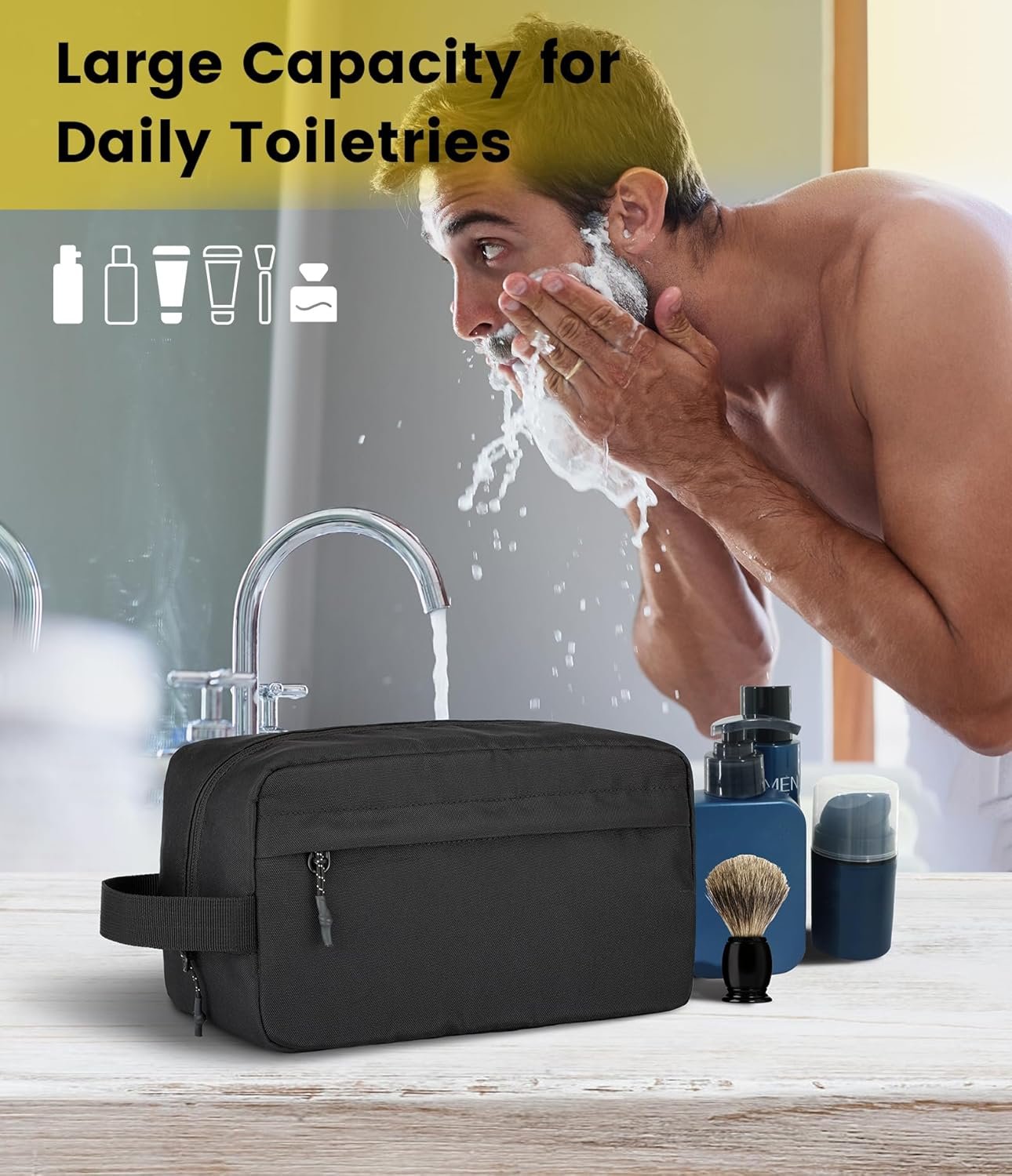 Vorspack Travel Toiletry Bag for Men - Large Toiletries Bag Water Resistant Hanging Dopp Kit Travel Bag for Toiletries Accessories, Black, Medium