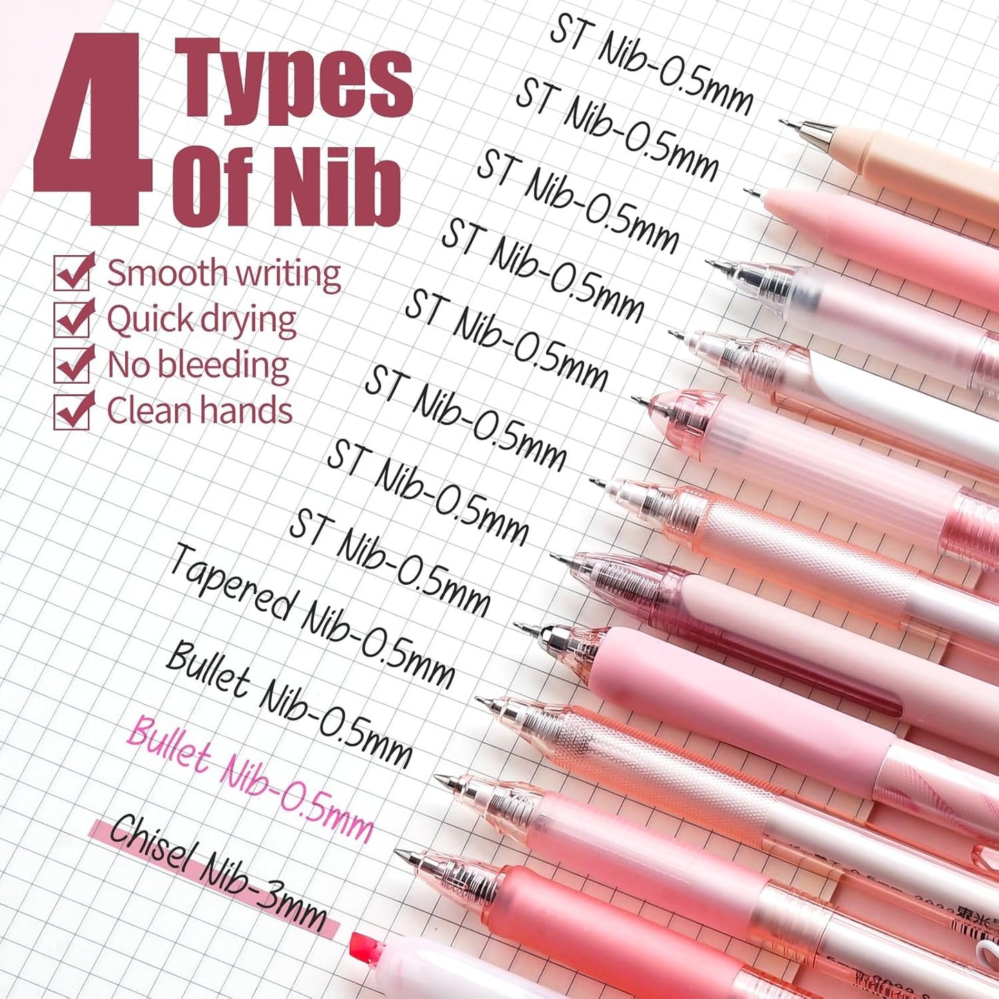 Four Candies Gel Pens, Cute Writing Pens with 0.5mm Fine Point, Black & Pink Ink Pen with Highlighter for Journaling Note Taking, Aesthetic School Office Supplies Japanese Stationery, Set of 12 - Rose