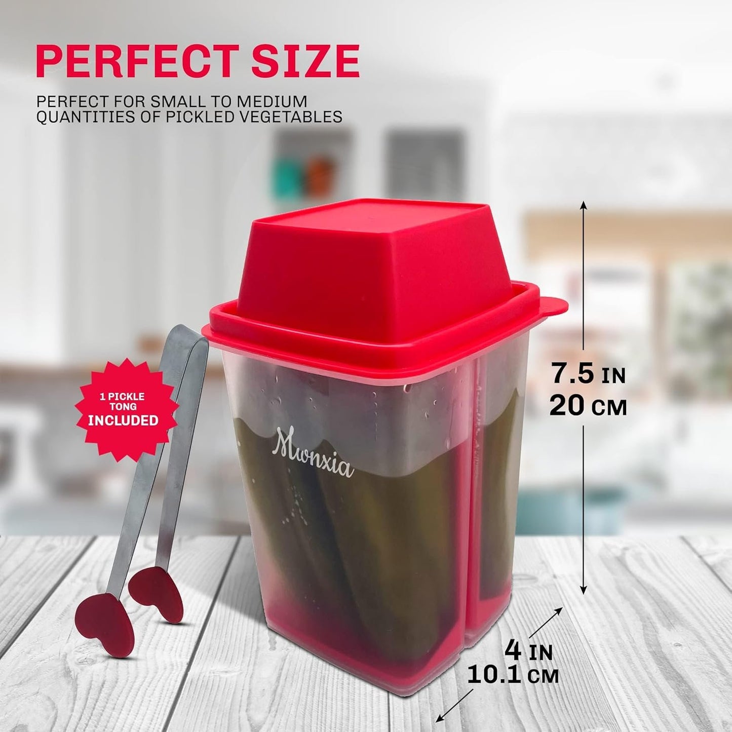 Mwnxia Chilero Pickle Jar Storage Container with Strainer Fresh Food Saver Jar BPA Free Complete with Tong (Red) for Storing Kimchi Cornichon Olives Jalapeno Pickles
