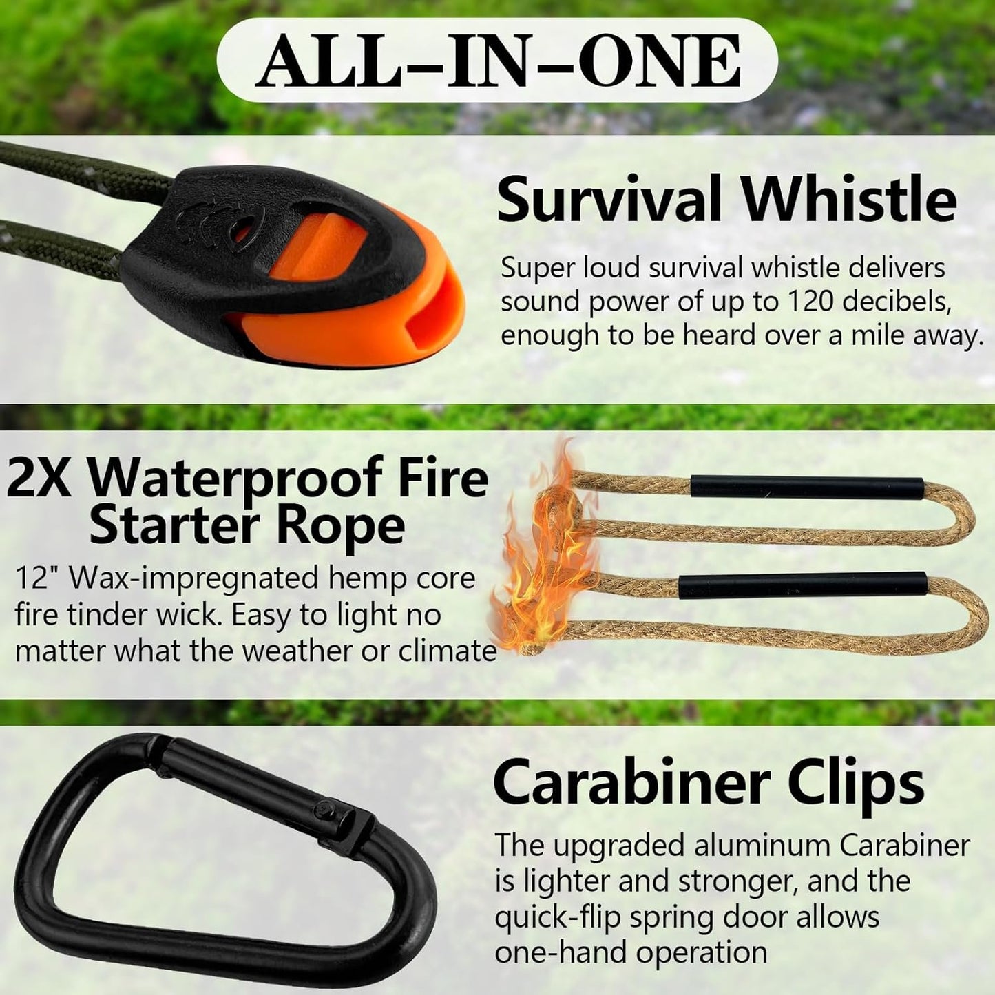 Flint and Steel Lightweight Ferro Rod Fire Starter Survival Tool Lanyard Handle Flint Fire Starter Kit with Multi-Tool Ferro Rod Striker, Survival Whistle, Fire Starter Rope, and Carabiner for Camping
