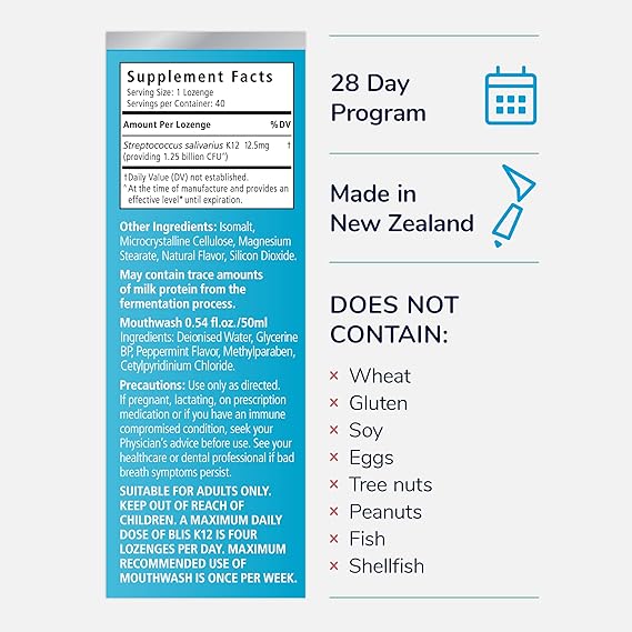 BLIS Probiotics Fresh Breath Kit with Potent BLIS K12 Oral Probiotics | Clinically Proven Bad Breath and Halitosis Treatment | Contains Mouthwash, Tongue Scraper and Lozenges - 4 Week Supply