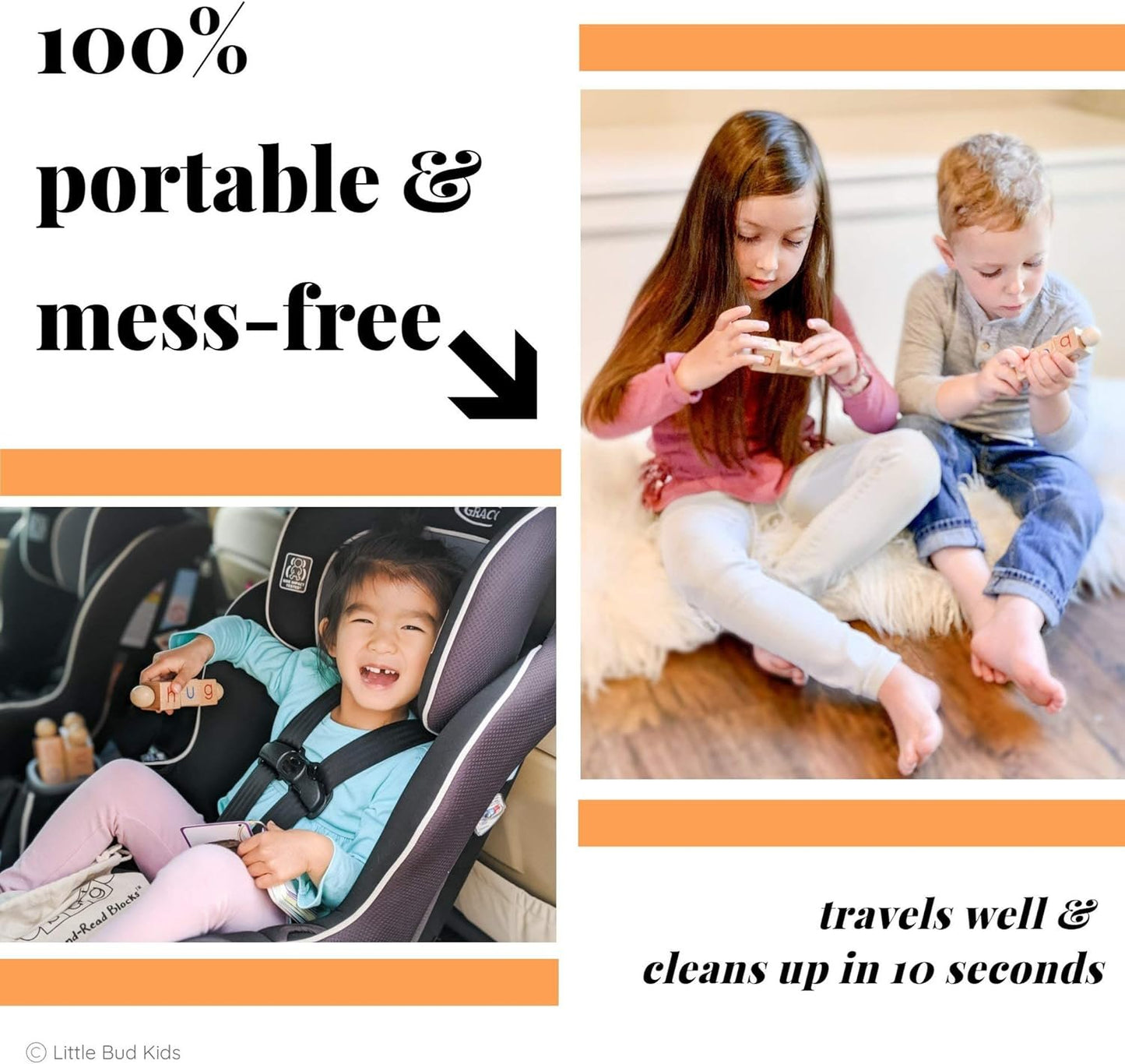 LITTLE BUD KIDS Spin-and-Read Phonics Toy, Rotating Wooden Reading Blocks with CVC Flash Cards, A Montessori Reading Learning Resources Toy for 3 4 5 6 Years Old