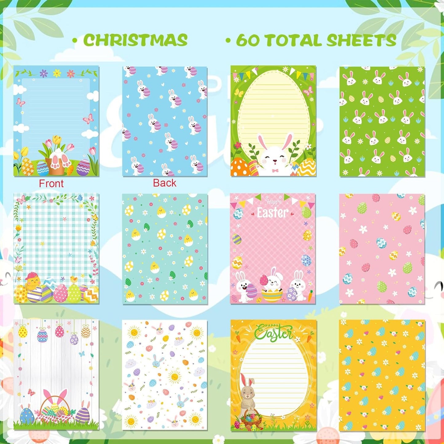 GLKTOPO 60 Sheets Easter Stationery Paper, 8.5" x 11" Double Sided Holiday Letterhead, Multicolor Bunny Egg Pattern Writing Paper for Notes Cards Invitation Scrapbook Crafts to Do List - 6 Design