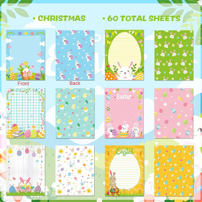 GLKTOPO 60 Sheets Easter Stationery Paper, 8.5" x 11" Double Sided Holiday Letterhead, Multicolor Bunny Egg Pattern Writing Paper for Notes Cards Invitation Scrapbook Crafts to Do List - 6 Design