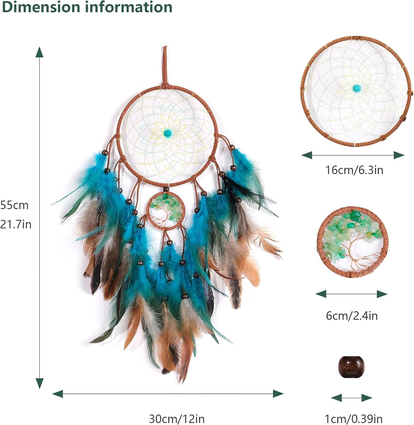 VIBILIA Dream Catchers Tree of Life Blue Feathers, Handmade Native American Dreamcatcher with Crystals for Kids Bedroom Wall Hanging Home Decor Holiday Ornaments Birthday Party Blessing Gift
