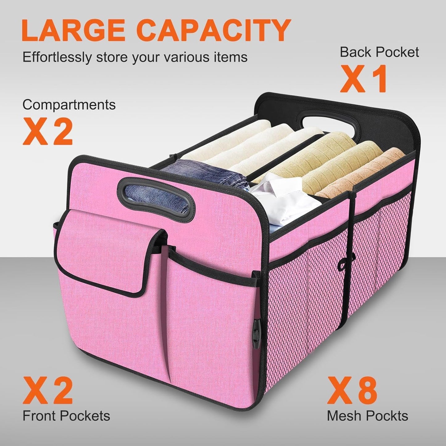 HABOPET Collapsible Car Storage - Multi-Compartment Organizer for SUV, Car, Mini-Van, Pink