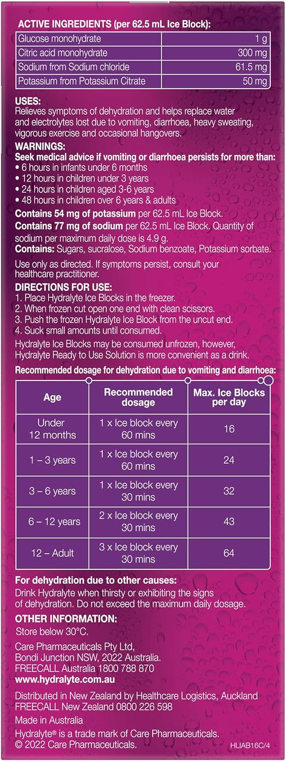 Hydralyte Electrolyte Ice Blocks Apple Blackcurrant Flavoured 16 Packs