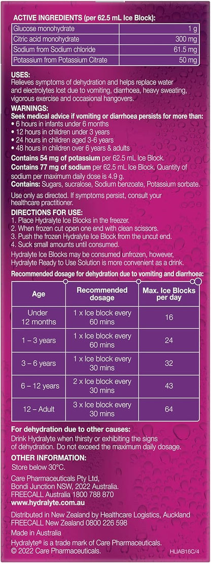 Hydralyte Electrolyte Ice Blocks Apple Blackcurrant Flavoured 16 Packs