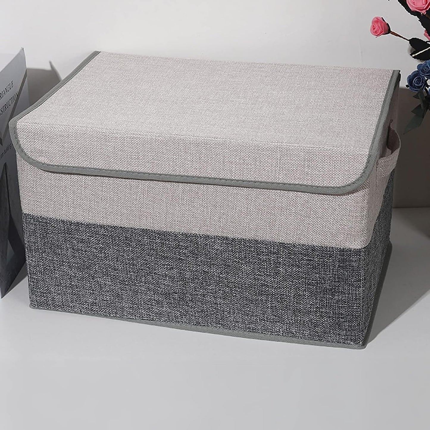TOJUNE 2 Pack Foldable Storage Box with Lids and Handles, L40 x W28 x H26 cm, Linen Organizers, Clothes Organizers Basket, Capacity 29 L (Grey+ Beige)
