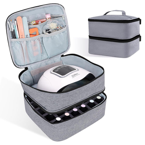 Nail Polish Organizer Double layer Nail Polish Case for Nail Dryer Lamp Holds 30 Bottles (15ml - 0.5 fl.oz) Portable Nail Storage Organizer for Nail Tech (Gray)