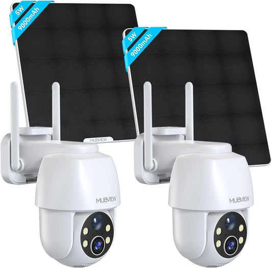 MUBVIEW 5W Solar Security Cameras Wireless Outdoor, 360Â° PTZ Battery Powered Outdoor Camera Plus, 2.4Ghz WiFi Security Camera for Home, 2K, Color Night Vision, Motion Detection,9000 mAh Battery,2 Pcs