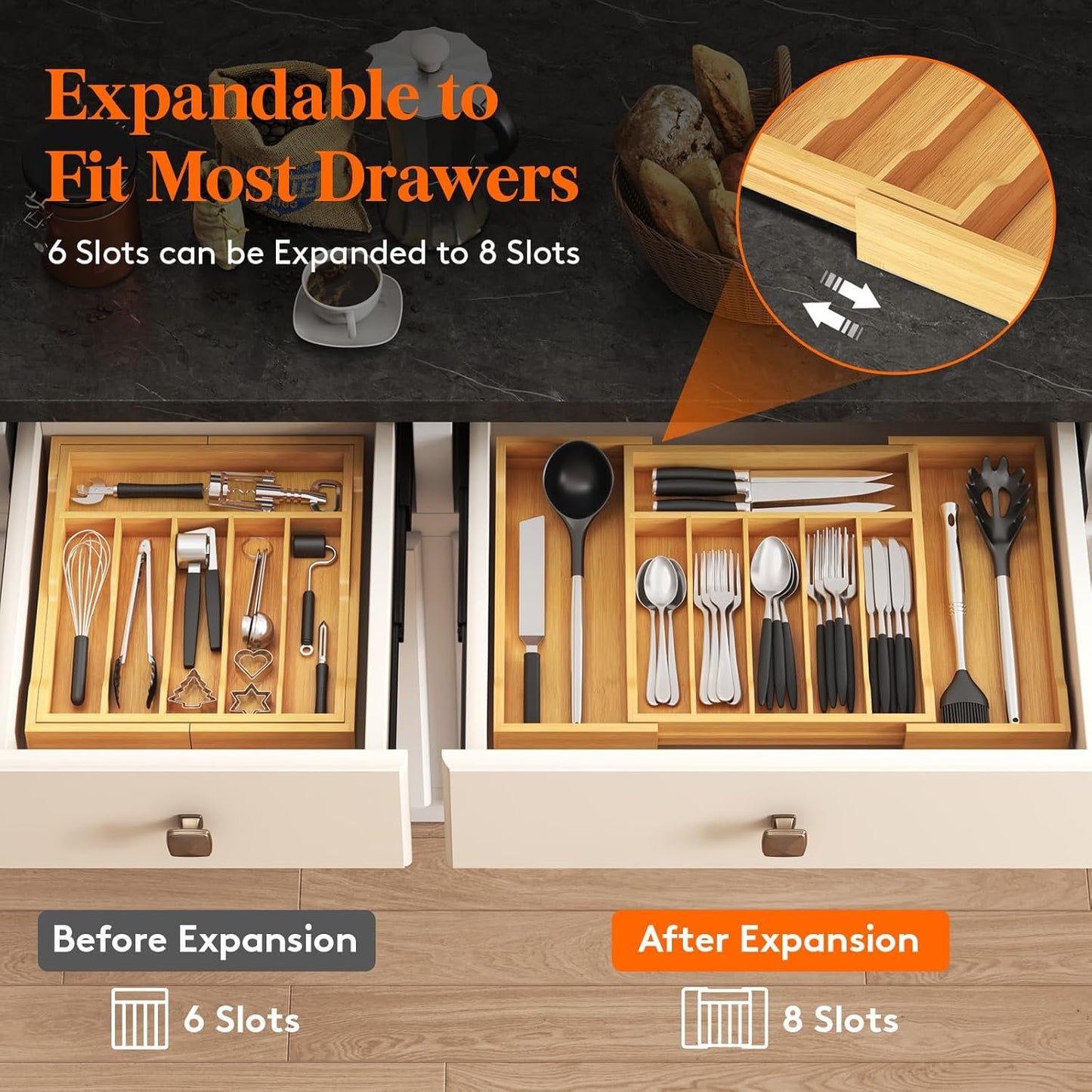 Lifewit Large Cutlery Drawer Organizer, Expandable 13" to 22.5" Utensil Holder for Kitchen, Bamboo Flatware and Silverware Tray, Wood Adjustable Storage for Spoons Forks Knives, Natural