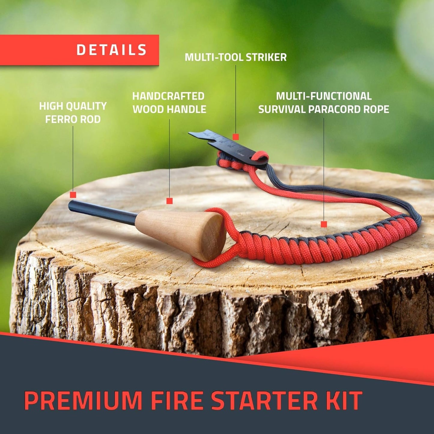RKR OUTDOOR Ferro Rod Flint Fire Starter Kit with Handcrafted Wood Handle | 12,000+ Strikes | Survival Flint and Steel Rods with Multi-Tool Striker and Paracord Neck-Wrist Lanyard for Your Camping Gear