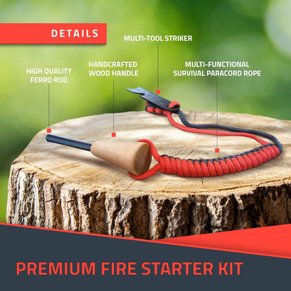RKR OUTDOOR Ferro Rod Flint Fire Starter Kit with Handcrafted Wood Handle | 12,000+ Strikes | Survival Flint and Steel Rods with Multi-Tool Striker and Paracord Neck-Wrist Lanyard for Your Camping Gear