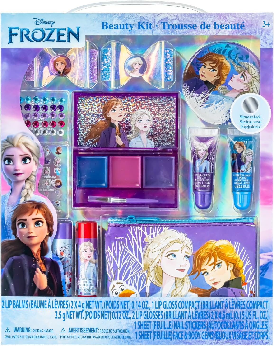 Disney Frozen Townley Girl Makeup Set for Girls with Clips, Lip Gloss, Nail Stickers, Lip Balm, Nail Gems and Mirror for Sleepover and Makeover