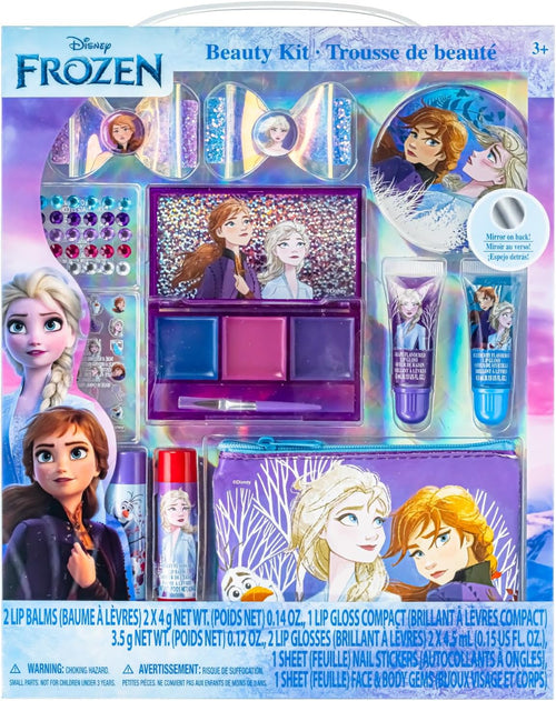Disney Frozen Townley Girl Makeup Set for Girls with Clips, Lip Gloss, Nail Stickers, Lip Balm, Nail Gems and Mirror for Sleepover and Makeover