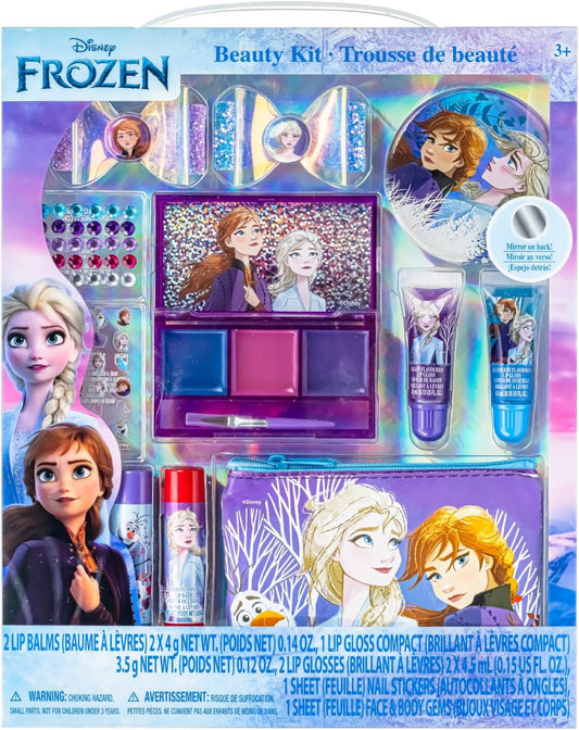 Disney Frozen Townley Girl Makeup Set for Girls with Clips, Lip Gloss, Nail Stickers, Lip Balm, Nail Gems and Mirror for Sleepover and Makeover