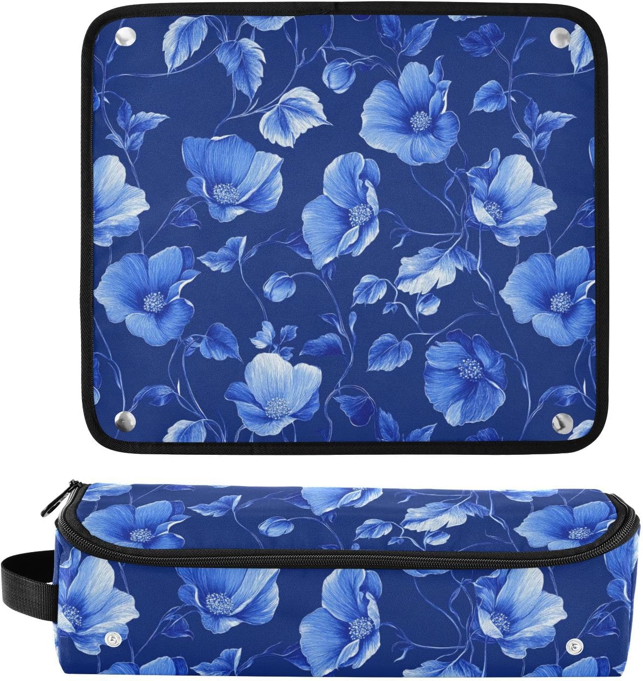 Deep Blue Flowers 2 in 1 - Organizer per strumenti per capelli con tappetino resistente al calore, custodia da viaggio portatile per utensili caldi e accessori per la cura dei capelli