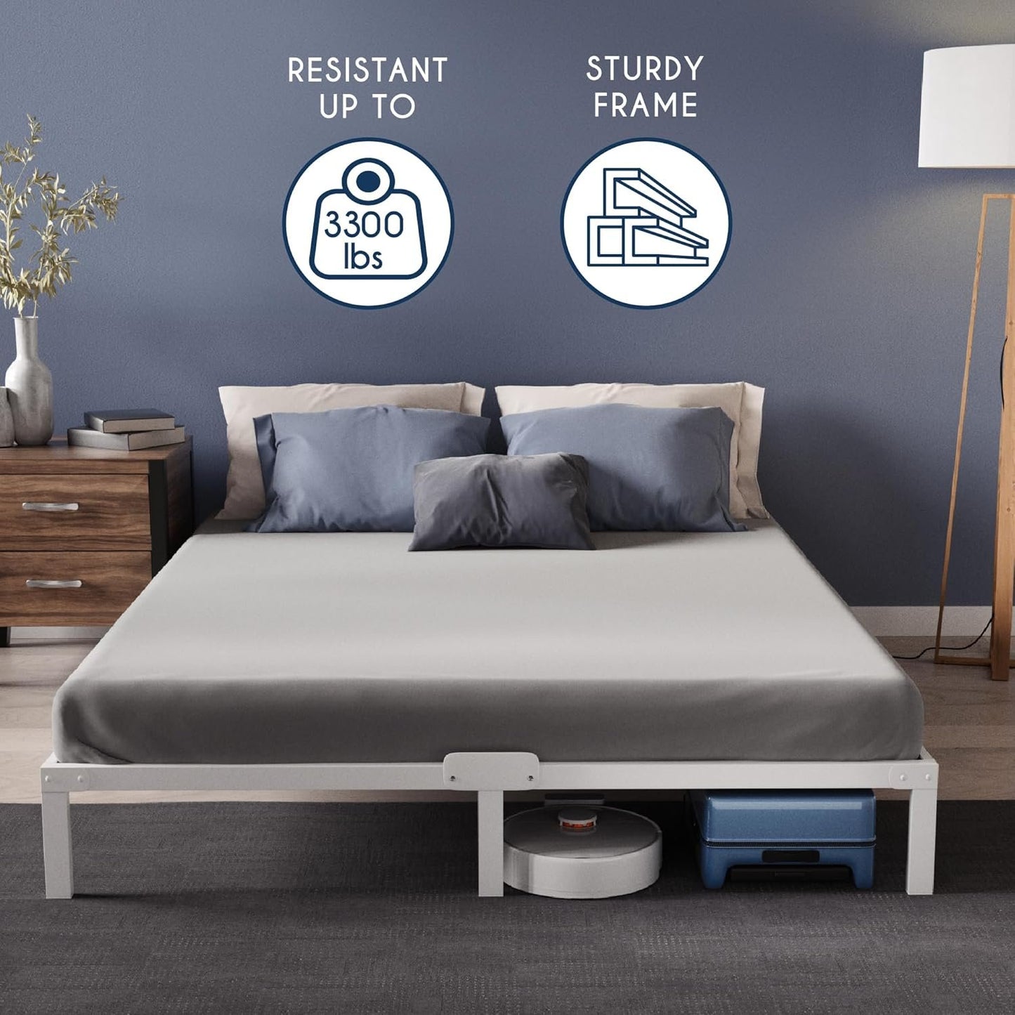 Dreamzie Queen Bed Frame Metal - 14 inch Platform Bed Frame Queen - White - for Double Beds - Sturdy, Easy Assembly, Large Storage Area