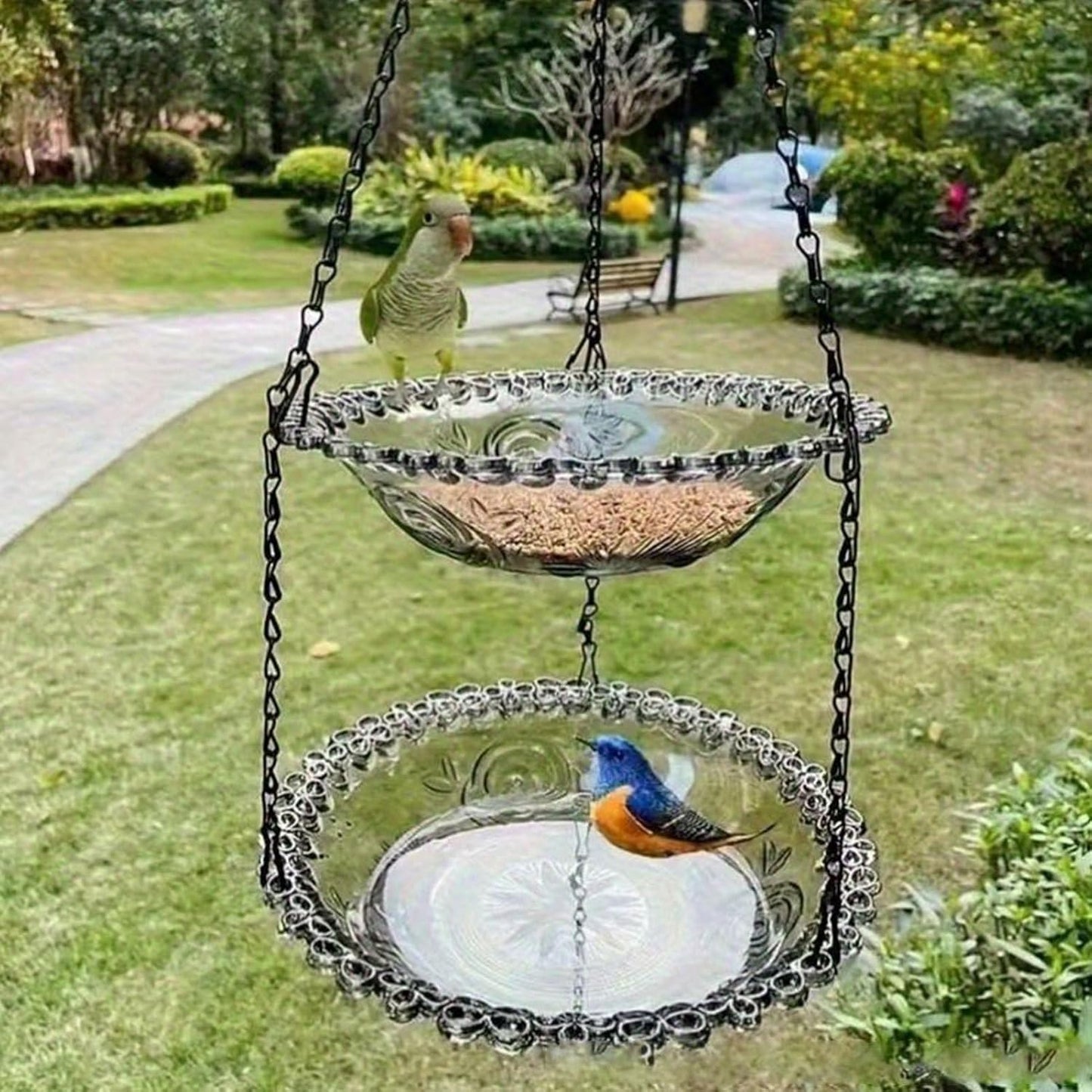 Mangiatoia per uccelli – Vasca per uccelli sospesa – Fontana per uccelli – Ciotola per bere e mangiare per uccelli – Accessorio per gabbia da appendere per giardino, cortile, terrazza, patio