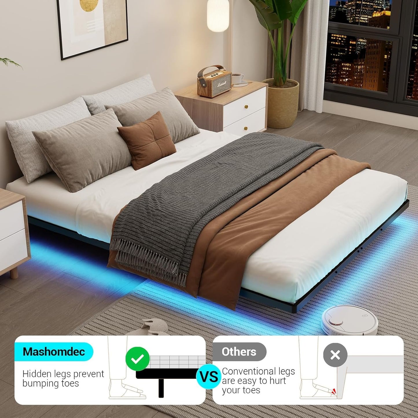 Floating Bed Frame King Size with Smart LED Lights, Modern Metal Platform Bed Base No Box Spring Needed - Easy Assembly and Noise Free