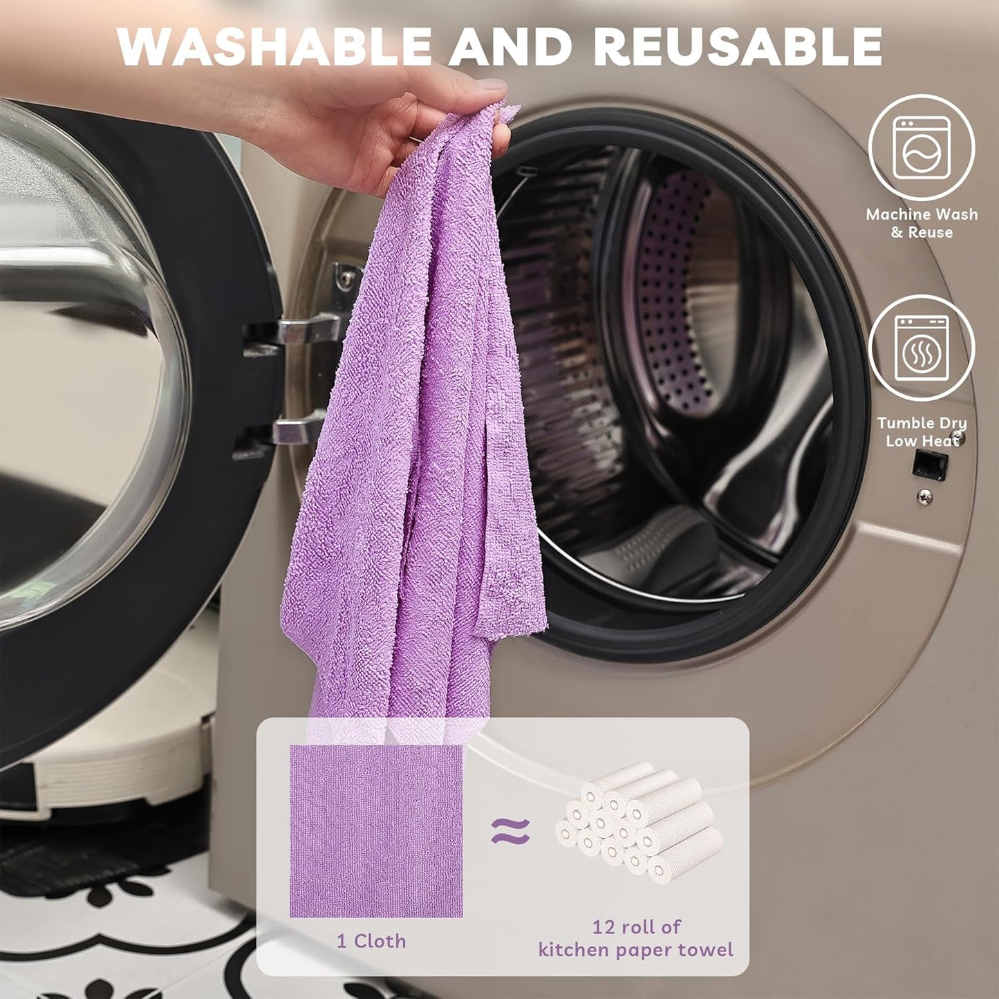 Socrates Microfiber Cleaning Cloth Roll – 50 Tear-Away, Ultra-Absorbent, Reusable, Washable, Quick-Dry Towels in Purple
