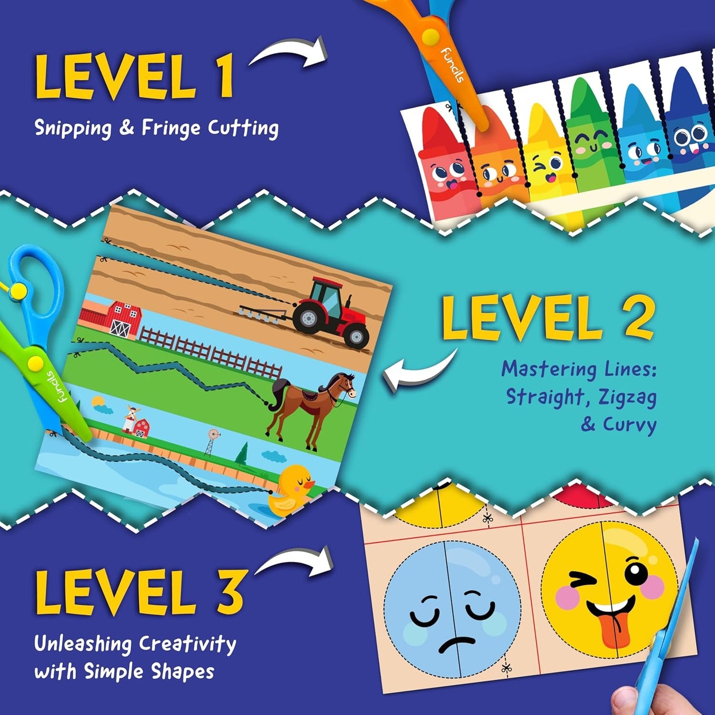 Funcils Toddler Scissor Skills - Art Supplies & Crafts Kit for Kids, Safety Scissors, Fine Motor Toys, Birthday Gifts for Boys & Girls Ages 3, 4, 5, 6, 7 Year Old, Preschool Learning Activities Books