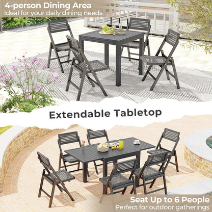 HAPPYGRILL Expandable Patio Dining Table Aluminum Outdoor Table for 4-6 Person with Slatted Tabletop, Square Rectangular Folding Patio Table for Porch, Lawn, Garden