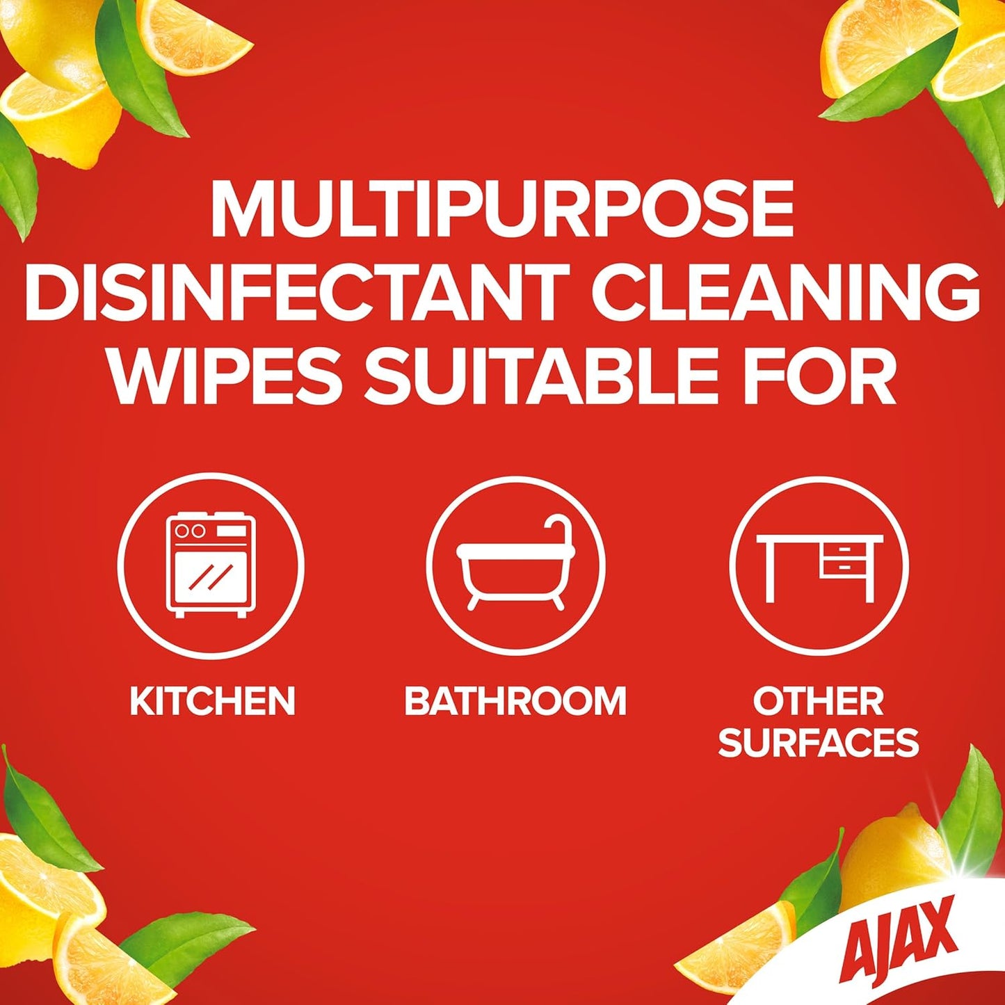 Ajax Eco Antibacterial Disinfectant Surface Cleaning Wipes, Bulk 110 Pack, Fresh Lemon, Multipurpose, Biodegradable and Compostable, Made with Bamboo Fibres