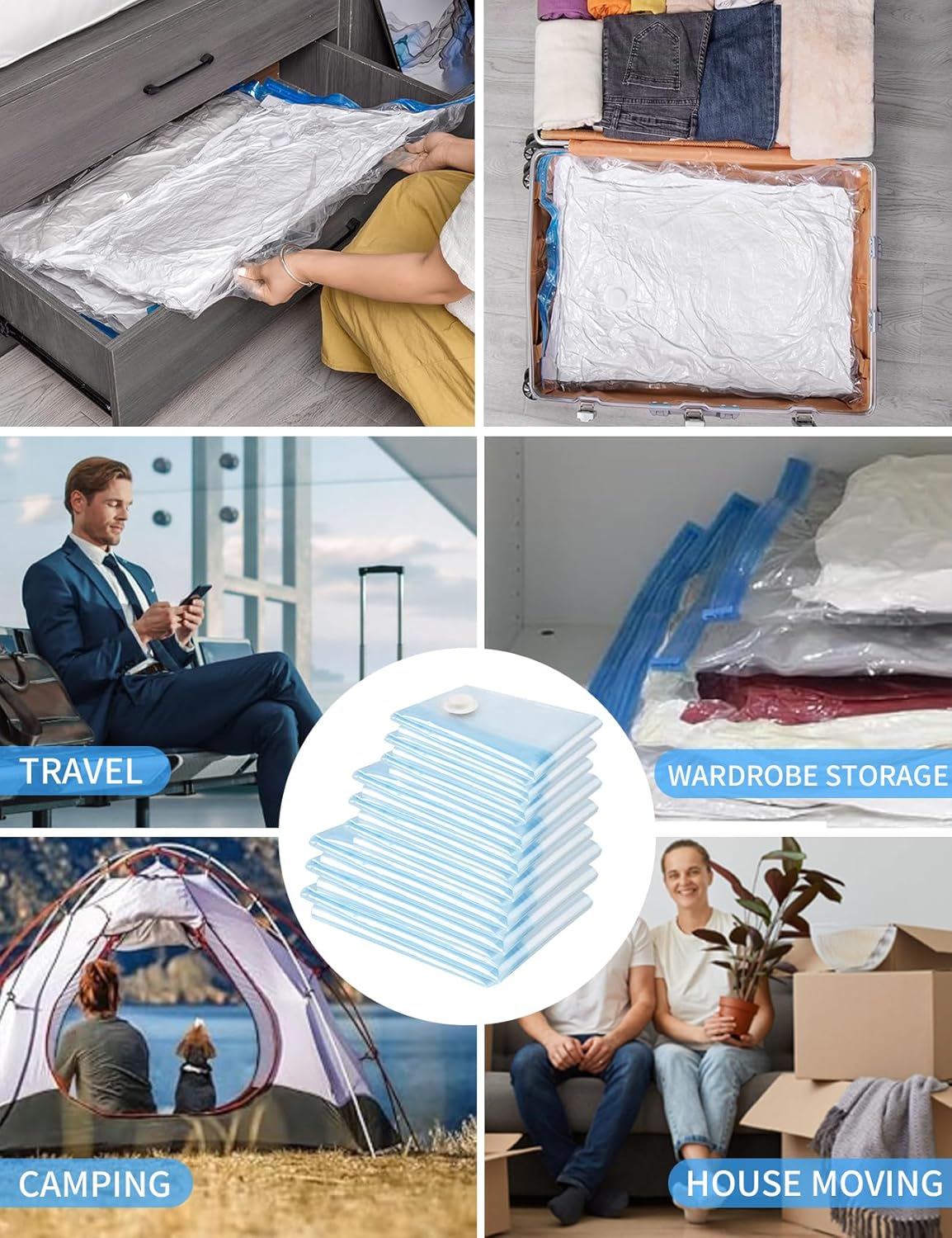 9 Packs Vacuum Compression Storage Bags with Travel Hand Pump, Space Saver Sealer Bags for Clothes, Bedding, Pillows, Scarfs, Blankets Storage, Multifunctional Vacuum Sealer Airtight Organization Bags