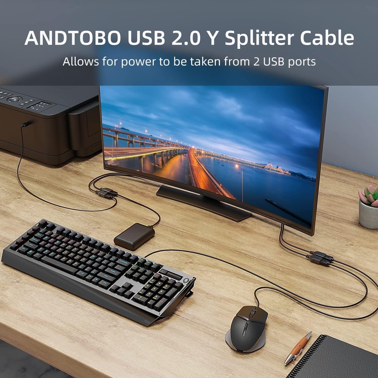 USB 2.0 A Male to 2 Dual USB Female Jack Y Splitter Hub Power Cord Extension Adapter Cable