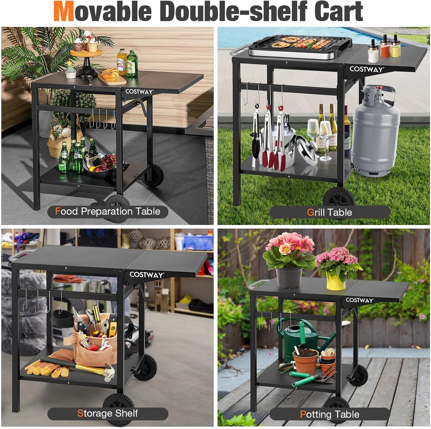 Costway Movable Dining Cart Table, Double-Shelf Trolley with Folding Tabletop, 4 Extra Hooks & 2 Directional Wheels, Outdoor Prep Cart for Pizza Oven & BBQ Grill, Worktable for Backyard, Patio, Garden