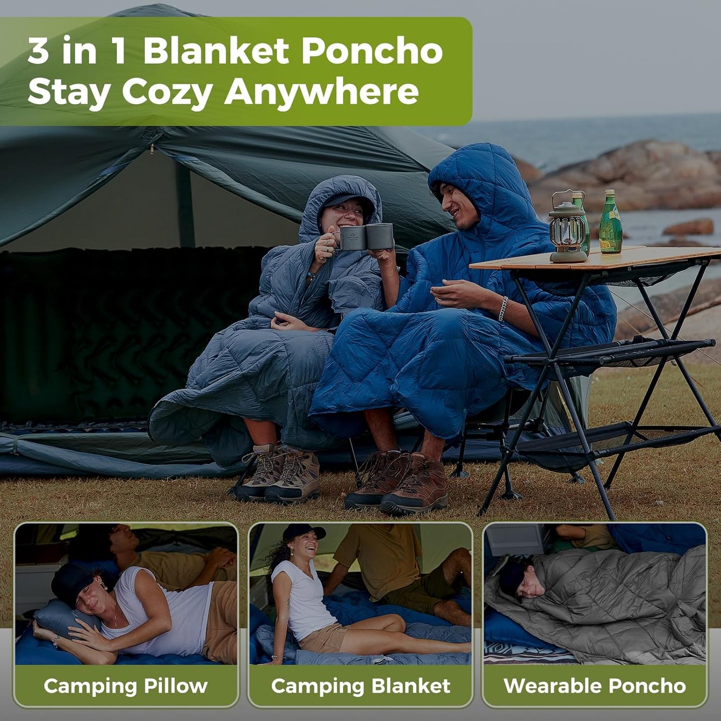ATEPA Honcho Poncho Wearable Hoodie Blanket Warm Blanket Water-resisitant Sleeping Bag Cloak Cape with Hat for Adult