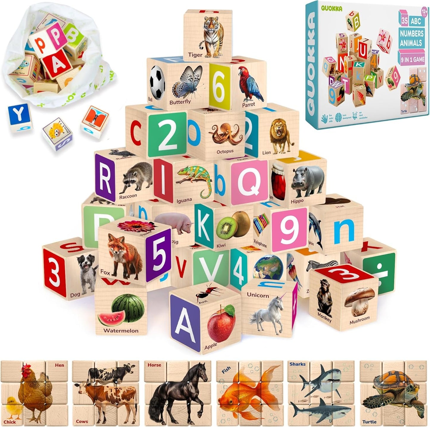 Quokka Montessori Wooden Blocks for Toddlers 1-3 - 35 Realistic ABC Learning Baby Blocks for Kids 3-5 Year Olds - Stacking Alphabet Wood Toys 2-4 yo - Learn Letters Numbers