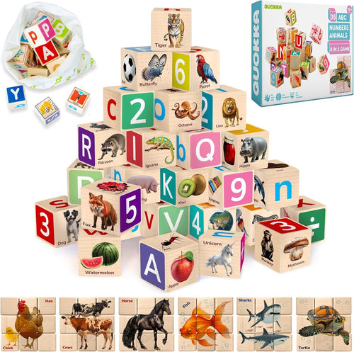 Quokka Montessori Wooden Blocks for Toddlers 1-3 - 35 Realistic ABC Learning Baby Blocks for Kids 3-5 Year Olds - Stacking Alphabet Wood Toys 2-4 yo - Learn Letters Numbers