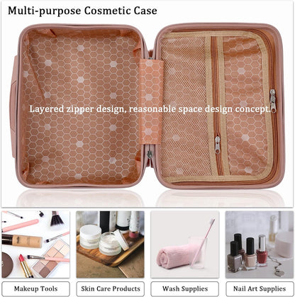 BSTKEY Portable Hard Shell Cosmetic Travel Case, Small Travel Hand Luggage with Elastic Band, Mini ABS Carrying Makeup Case Suitcase, Rose Gold