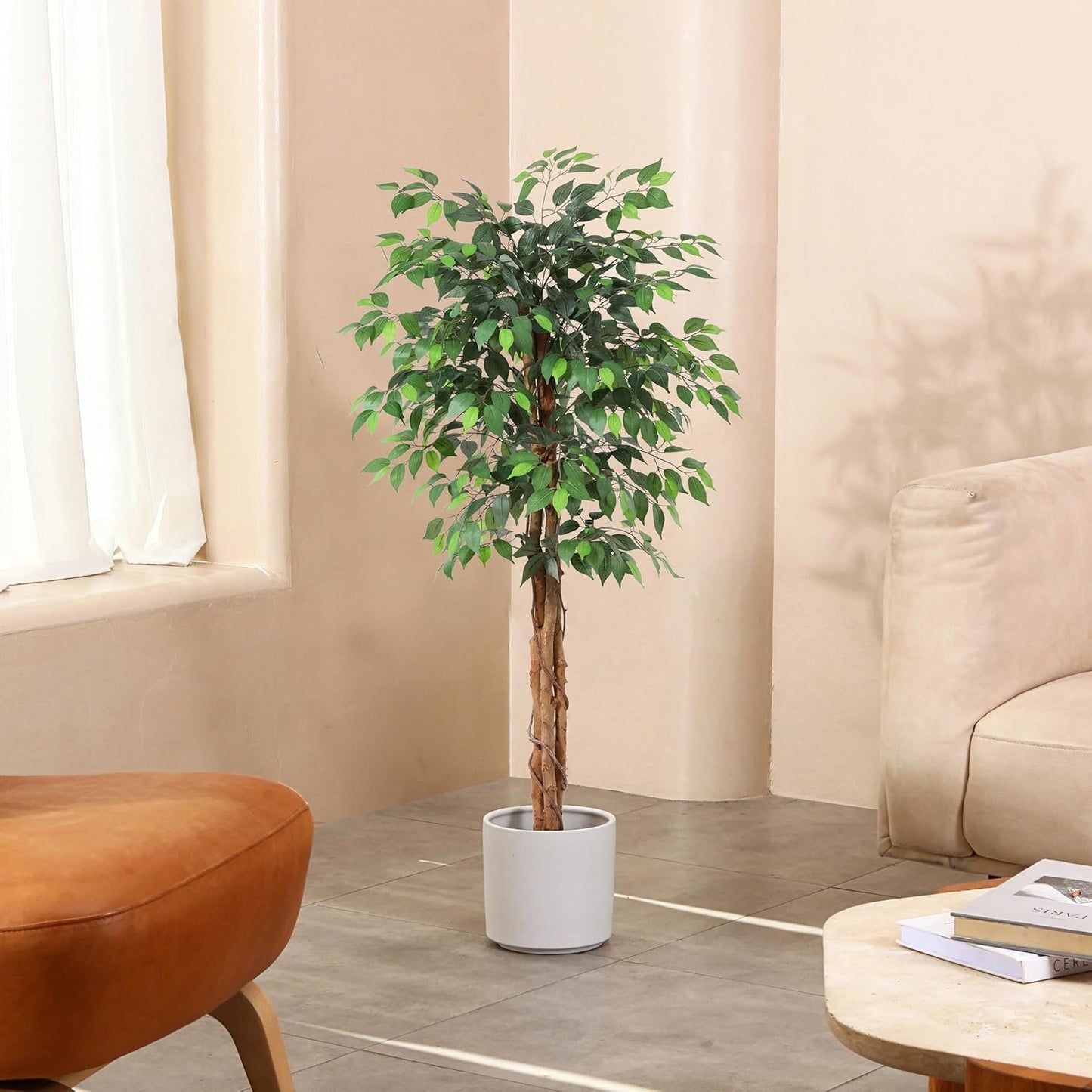 OAKRED 5FT Silk Artificial Ficus Tree with Realistic Leaves and Natural Trunk Fake Plants Tall Fake Trees Faux Ficus Tree for Office House Living Room Home Decor Indoor Outdoor,Set of 1
