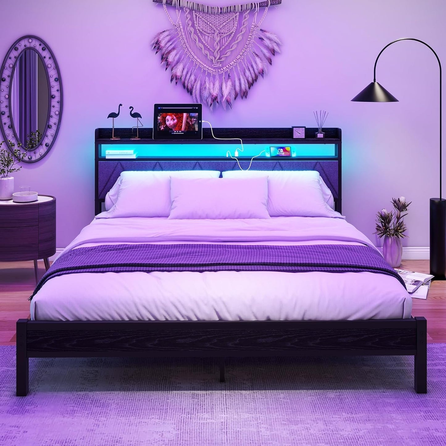VERFARM King Size Bed Frame with LED Lights Storage Upholstered Headboard and Charging Station, Heavy Duty Metal Platform King Size Bed Frame, No Box Spring Needed, Noise Free, Easy Assembly