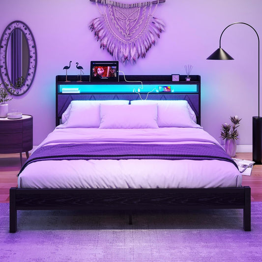 VERFARM King Size Bed Frame with LED Lights Storage Upholstered Headboard and Charging Station, Heavy Duty Metal Platform King Size Bed Frame, No Box Spring Needed, Noise Free, Easy Assembly
