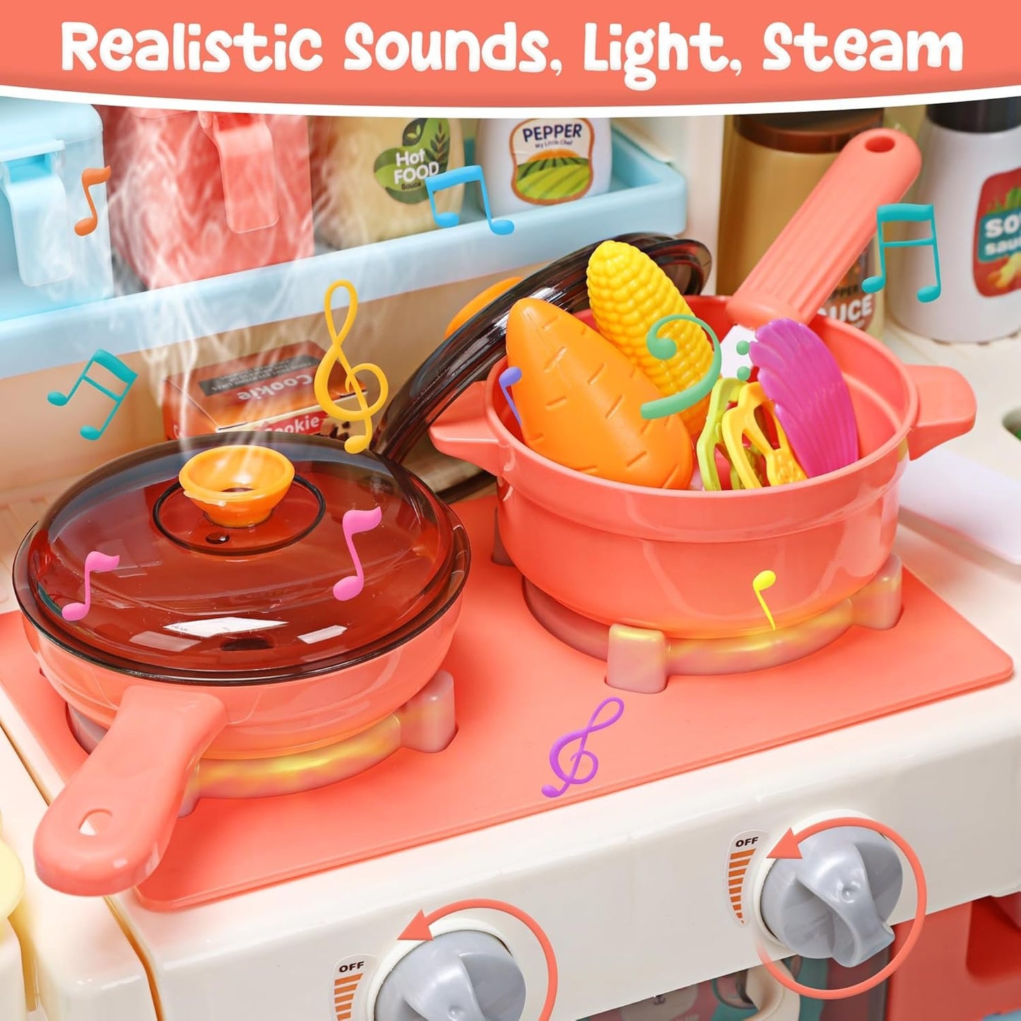CUTE STONE Pretend Play Kitchen, Water Sink, Stove with Steam&Light&Sound, 63PCS Toy Kitchen Accessories with Toy Food, Pots, Utensils, Kids Kitchen Play Set, Ideal Gift for Boys Girls Toddlers(Pink)