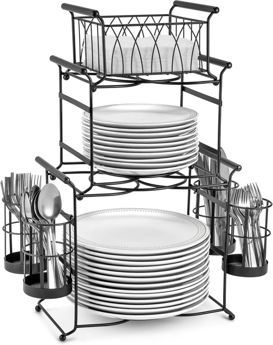 Sorbus Buffet Caddy — 7-Piece Stackable Set Includes Plate, Napkin, and Silverware Holder, 3-Tier Detachable Tabletop Organizer — Ideal for Kitchen, Dining, Entertaining, Parties,Thanksgiving (Black)