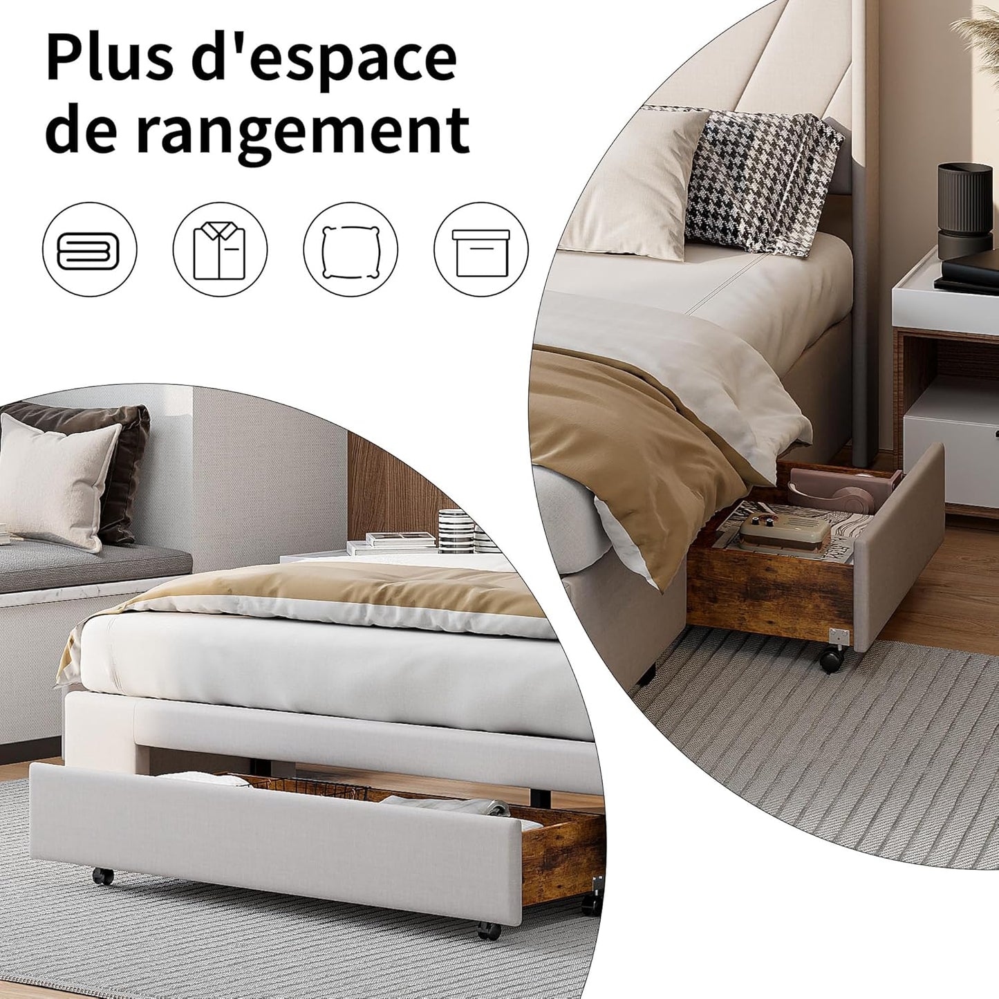 BRILVERDE Upholstered Bed, 160 x 200 cm, Double Bed with 3 Drawers, Solid Wood Bed with Headboard, Junior Bed, No Mattress, Beige (160 x 200 cm)