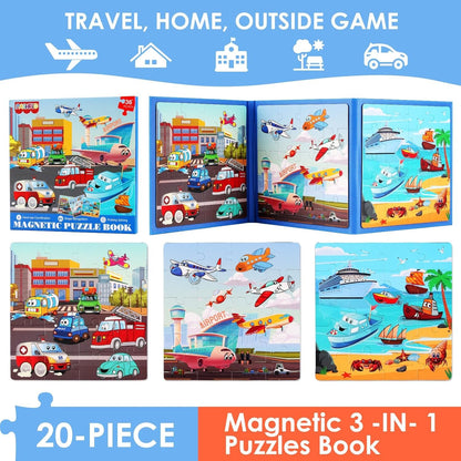 Magnetic Puzzles for Kids Ages 4-6, 20-Piece Toddler Travel Toys Transportation Puzzles Ages 3-5, Educational Learning Magnets, Ideal Road Trip Activities Toys for 3 4 5 6 Boys and Girls