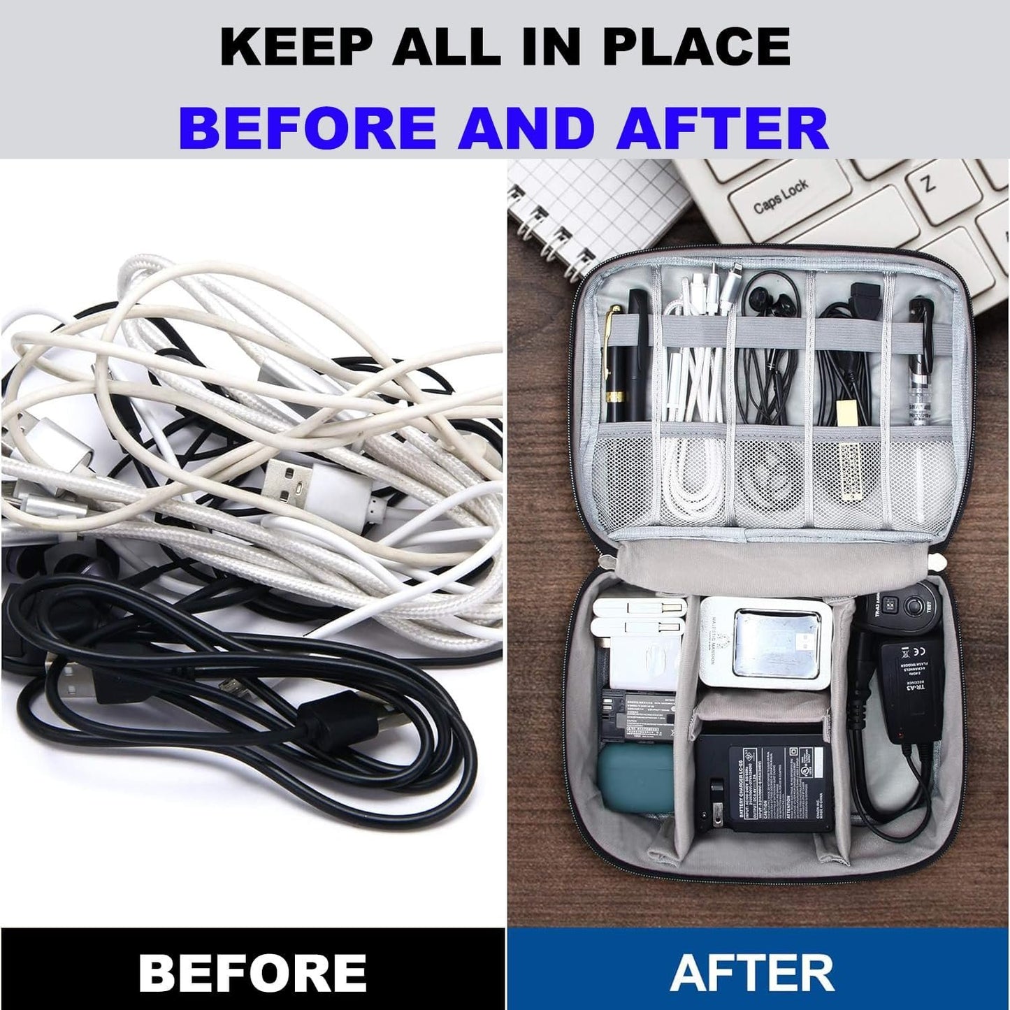 Travel Cable Organizer Bag, Electronic Accessories Case Portable Double Layer Cable Storage Bag for Cord,Phone,Charger, Flash Drive, Phone, SD Card,Personal Items (Dark Blue)