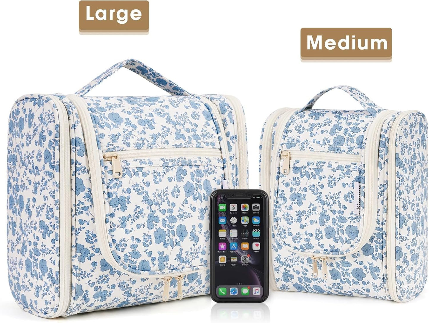 Narwey Hanging Toiletry Bag for Women Travel Makeup Bag Organizer Toiletries Bag for Cosmetics Essentials Accessories (Large, Little Blue Flower)