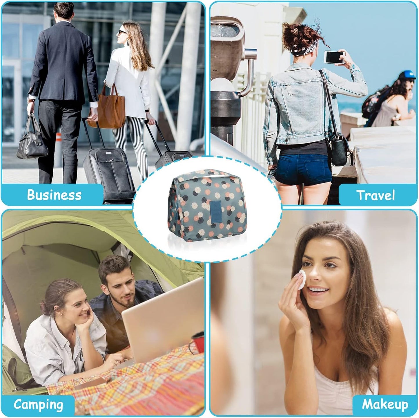 Hanging Toiletry Bag, Cosmetic Wash Bag Portable Organizer Travel Large Storage Bag, Foldable Wash Case with Carry Handle, Cute Makeup Toiletries for Adults Women Men (Blue-Flower)
