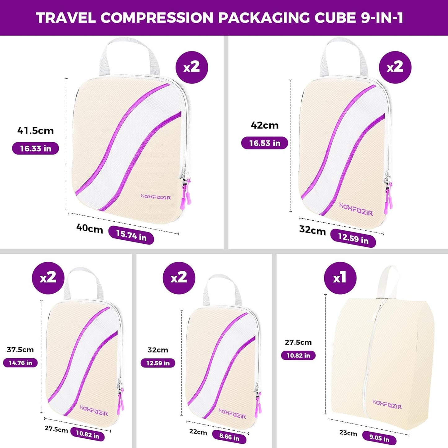 HOXFAZIR Compression Packaging Cube 9 Set Organization Travel Luggage Bag Set for Travel Accessories Compressed Expandable Packing Organizers