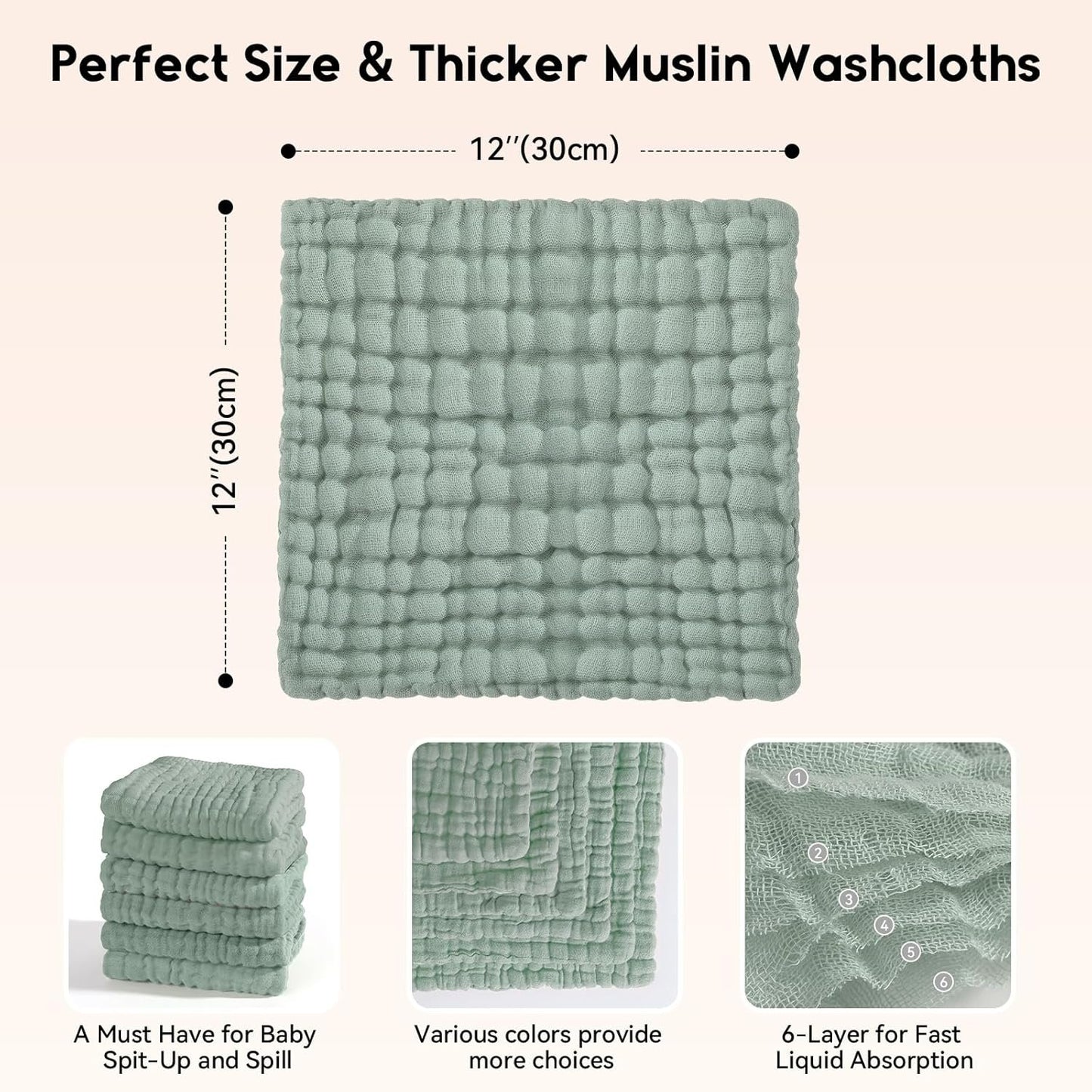 Unnivoll Muslin Baby Washcloths 6 Pack, 100% Cotton Burp Cloths Baby, Large 12''X12'' Baby Wash Cloths Absorbent and Soft for Newborn Infants Kids Boys Girls Apricot Green Sapphire Blue