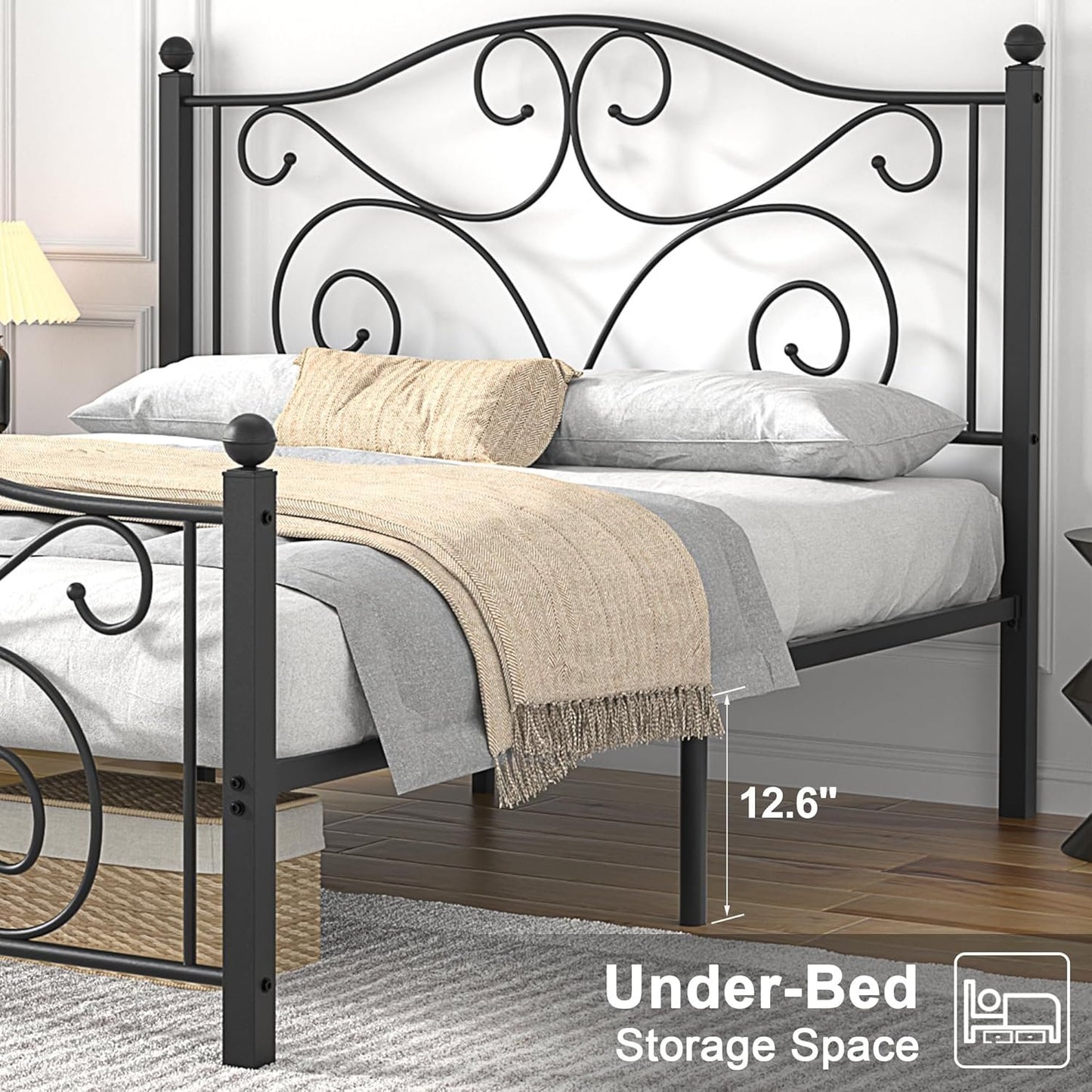 VECELO Queen Size Metal Bed Frame with Headboard and Footboard, Iron Mattress Foundation No Box Spring Needed, Heavy Duty/Easy Set Up, Black
