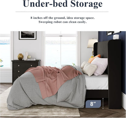 Allewie Queen Size Velvet Bed Frame/Vertical Channel Tufted Wingback Headboard/Upholstered Platform Bed/Strong Wooden Slats/No Box Spring Needed/Easy Assembly/Black